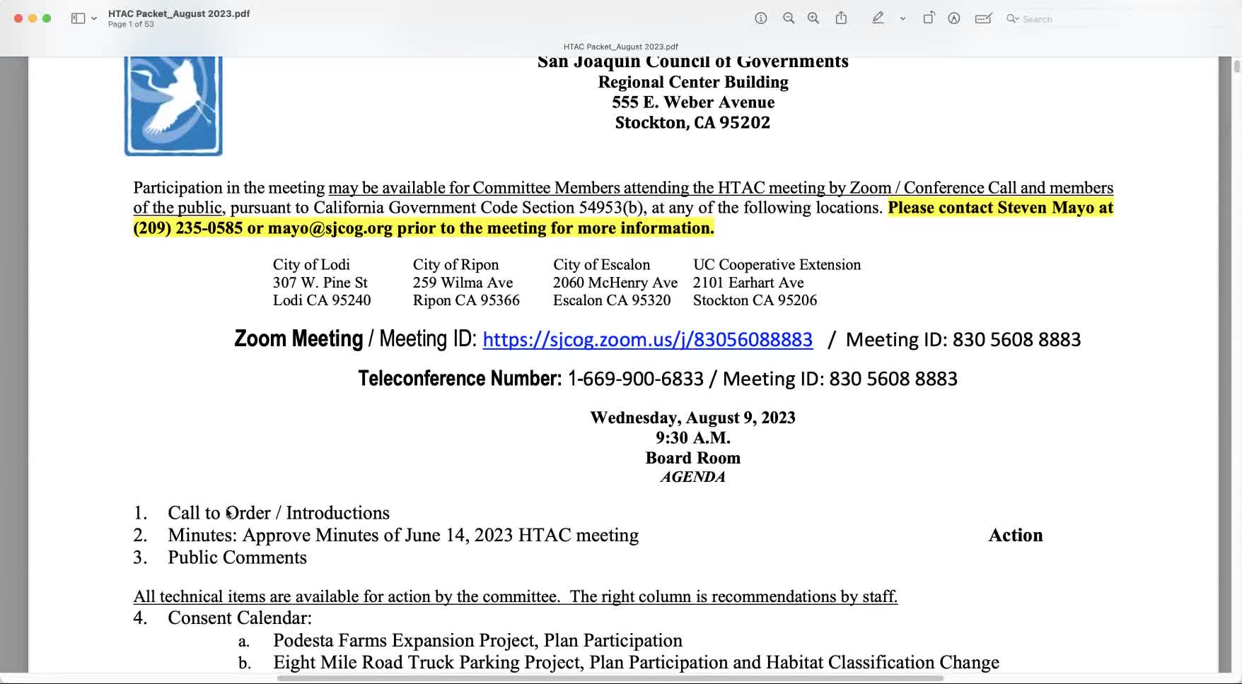 August 9, 2023 - San Joaquin Council of Governments Habitat Technical Advisory Committee Meeting