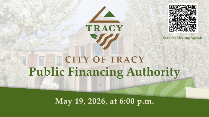A promotional graphic for the Tracy City Council meeting. The background shows Tracy City Hall framed by blooming trees. At the top center is the City of Tracy logo with stylized green and brown shapes. At the top right is a QR code with the caption “Scan for Meeting Agenda.” Large text in the center reads “City of Tracy Regular Council Meeting.” A green banner at the bottom displays the meeting date and time: “May 19, 2026, at 7:00 p.m.”
