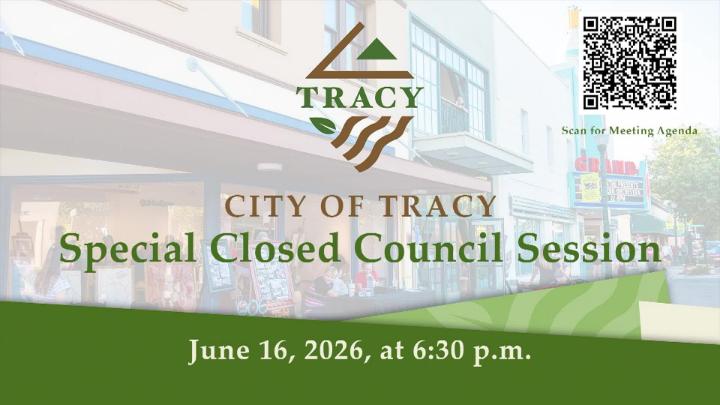 A promotional graphic for the Tracy City Council meeting. The background shows Tracy City Hall framed by blooming trees. At the top center is the City of Tracy logo with stylized green and brown shapes. At the top right is a QR code with the caption “Scan for Meeting Agenda.” Large text in the center reads “City of Tracy Special Council Meeting.” A green banner at the bottom displays the meeting date and time: “June 16, 2026, at 6:45 p.m.”